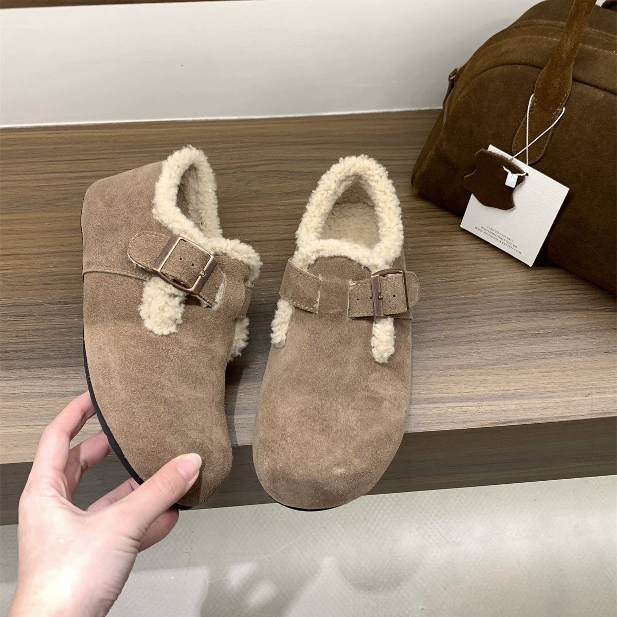 Full Cowhide 2024 Autumn And Winter Thick-soled Birkenstocks Women's Shoes Plus Velvet Snow Boots Furry Cotton Shoes Warm Birkenstock Single Shoes