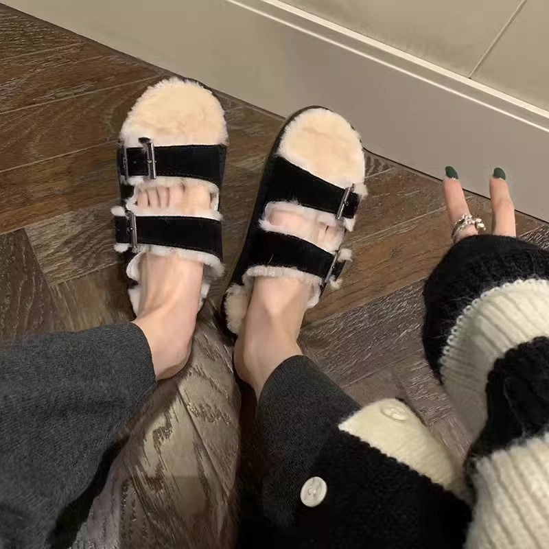 2024 Autumn and Winter Flat-soled Casual All-match Strap Plush Warm Birken Furry Slippers for Women