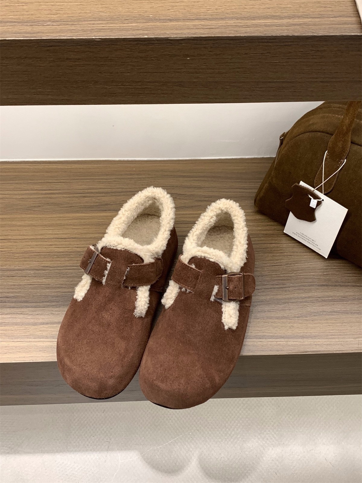 Full Cowhide 2024 Autumn And Winter Thick-soled Birkenstocks Women's Shoes Plus Velvet Snow Boots Furry Cotton Shoes Warm Birkenstock Single Shoes