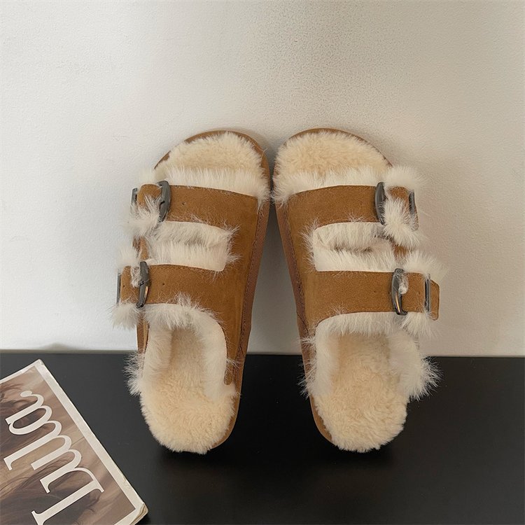 2024 Autumn and Winter Flat-soled Casual All-match Strap Plush Warm Birken Furry Slippers for Women